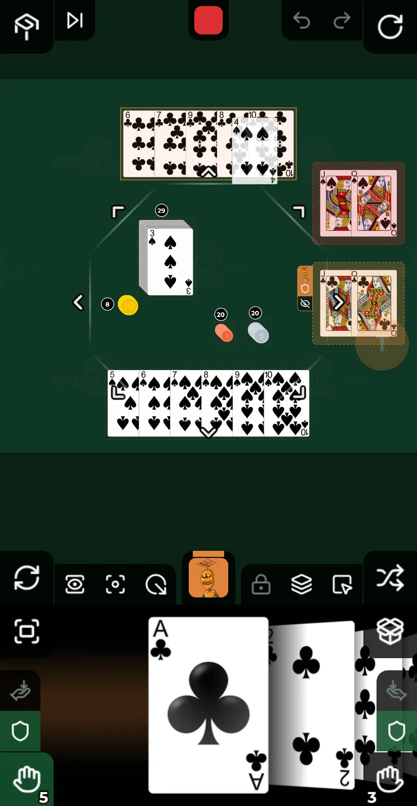 Controller auf dem Handy: eine Karte vom Stapel, mit dem Finger über den Tisch gezogen