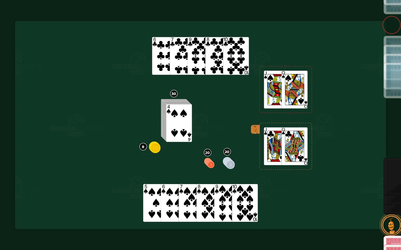 Display auf dem Fernseher: gemeinsamer Tisch mit französischen Spielkarten, Stapel, Reihen, Spielmarken und Sammlung, beide Hände am Rand