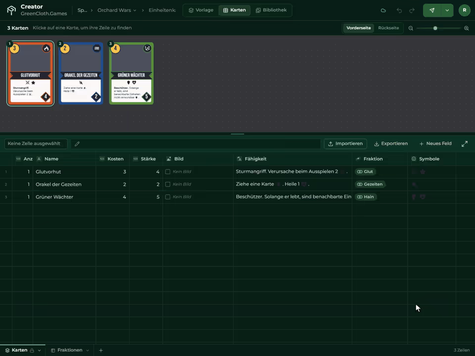 Der Creator: Ein Kostenwert wird in eine Tabellenzelle getippt und die Karte folgt ihm, dazu die Kartenvorlage, dann wird das Kartendeck an den Builder geschickt.