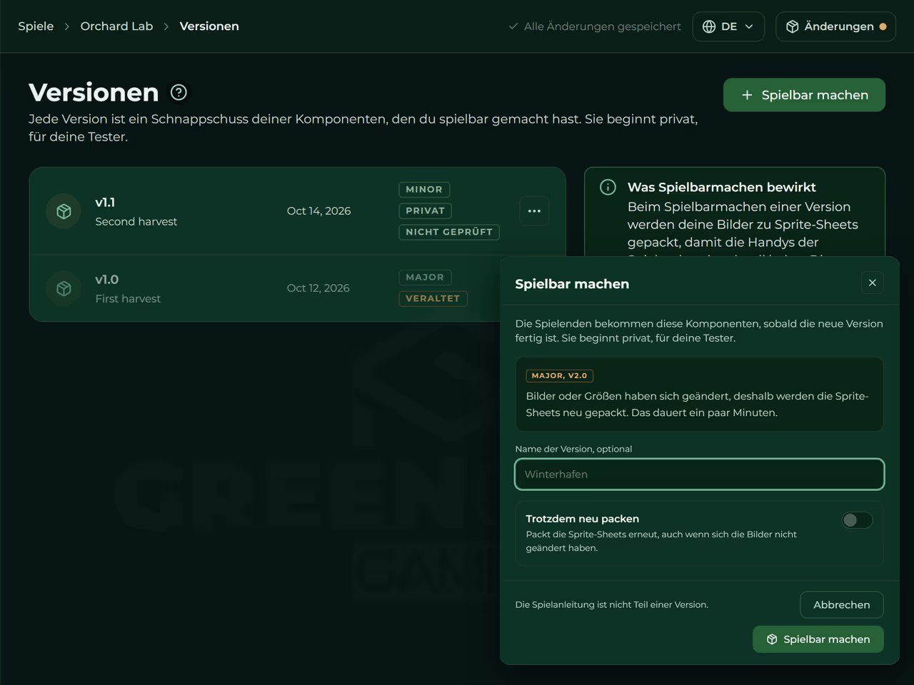 Das Fenster zum Spielbarmachen im Builder, über der Liste der Versionen.