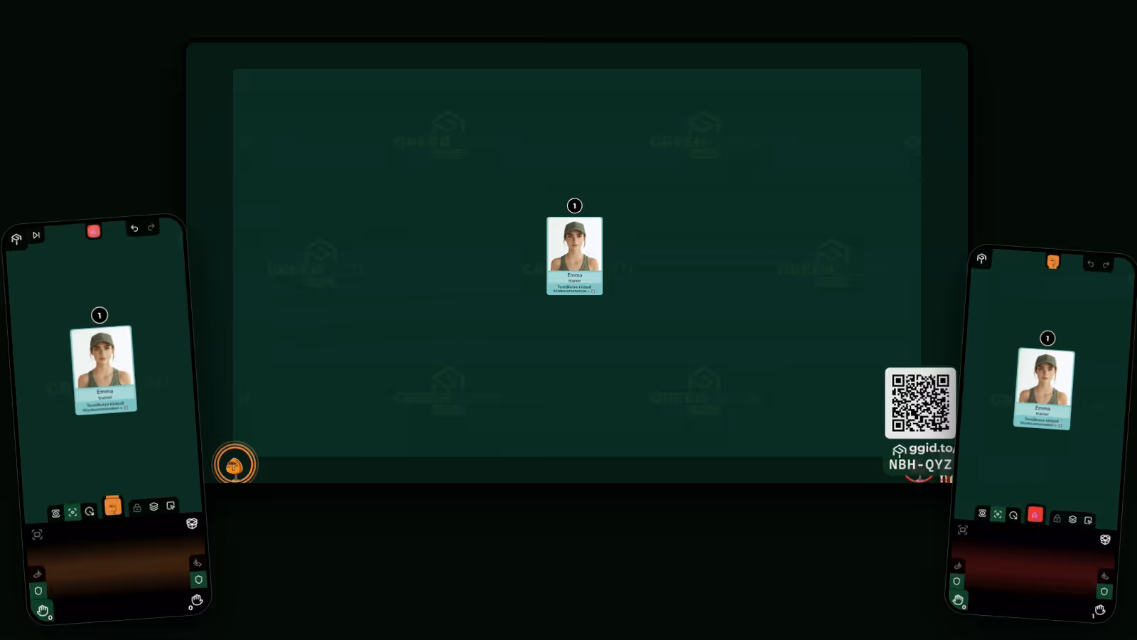 Ein Fernseher zeigt den QR-Code der Partie, während das Handy eines Testspielers dem Tisch beitritt und der Host ihm einen Platz gibt.