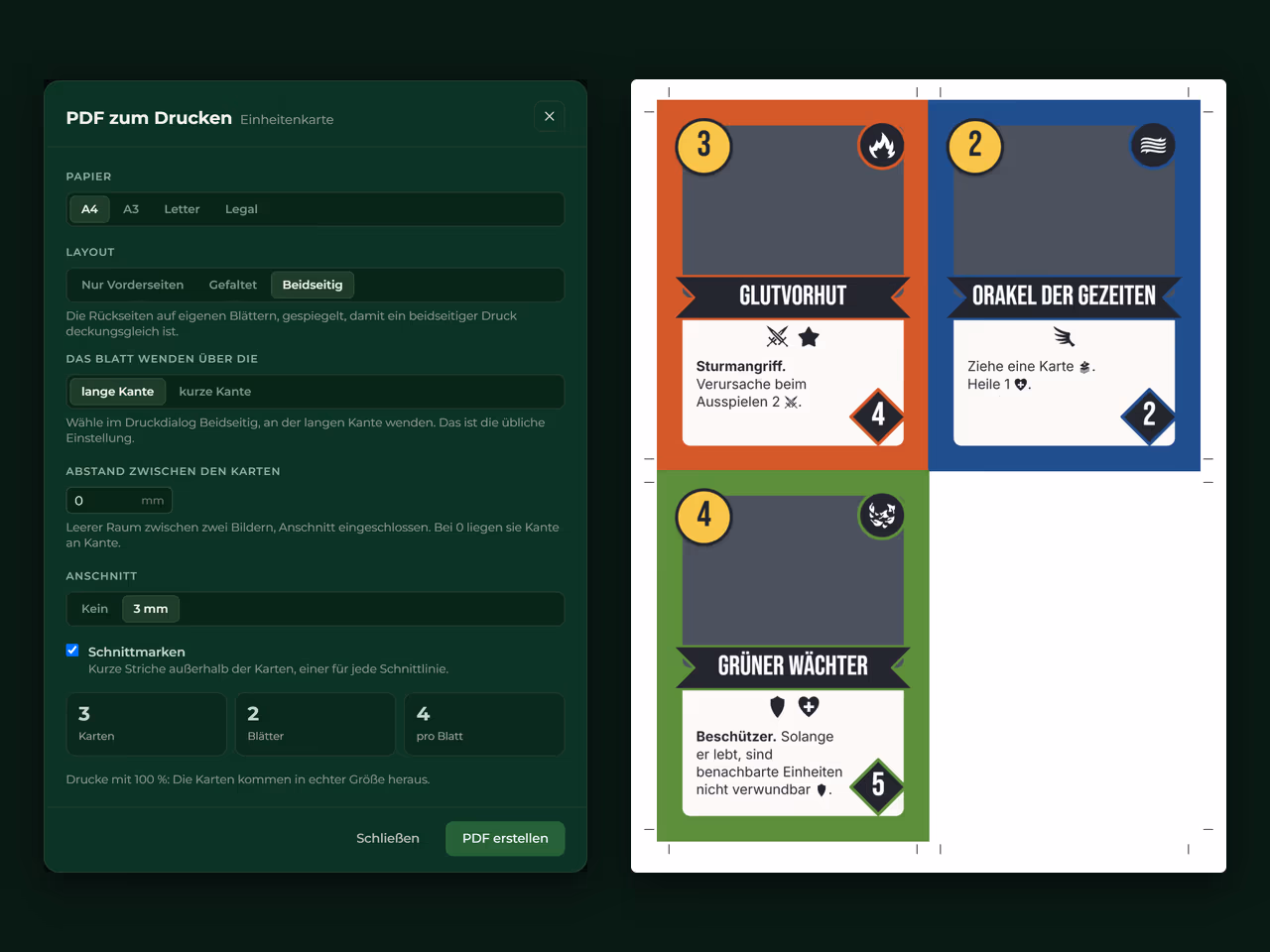 Das Druckfenster des Creators neben einer PDF-Seite mit Schnittmarken.