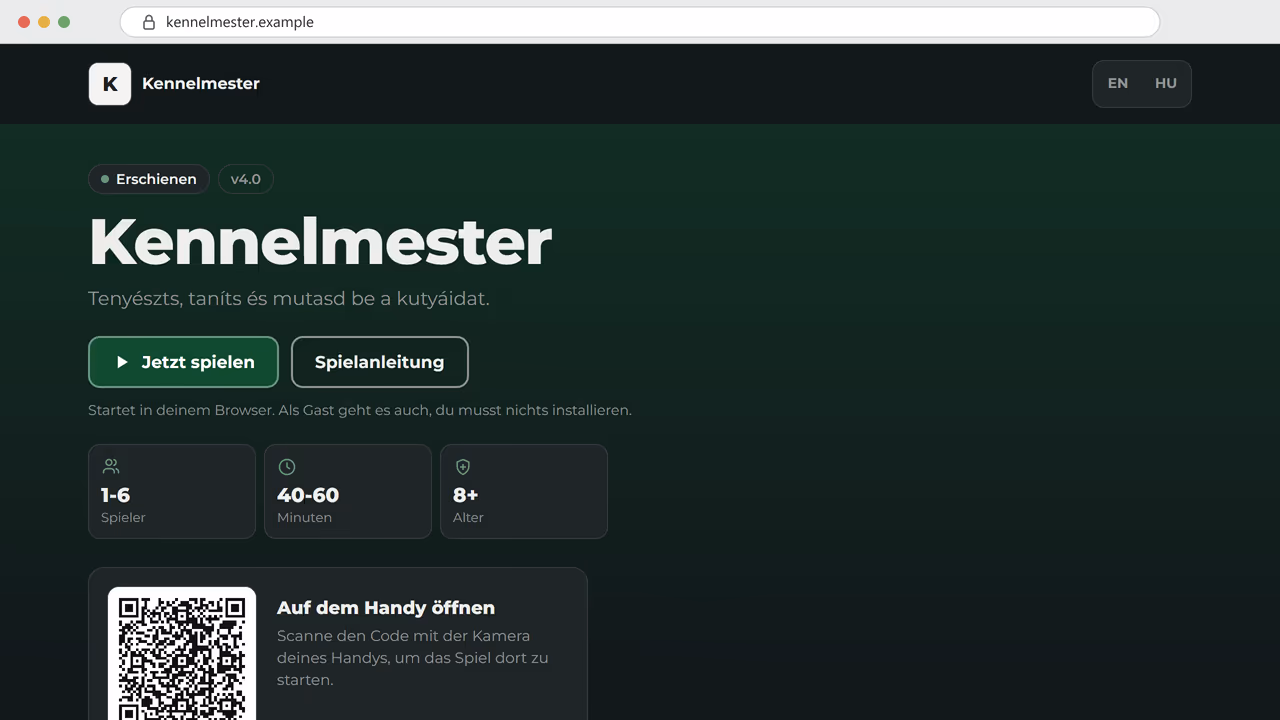 Eine Spielseite auf der eigenen Domain des Creators: der Titel des Spiels, ein Knopf zum Losspielen und ein QR-Code, um es auf dem Handy zu öffnen.