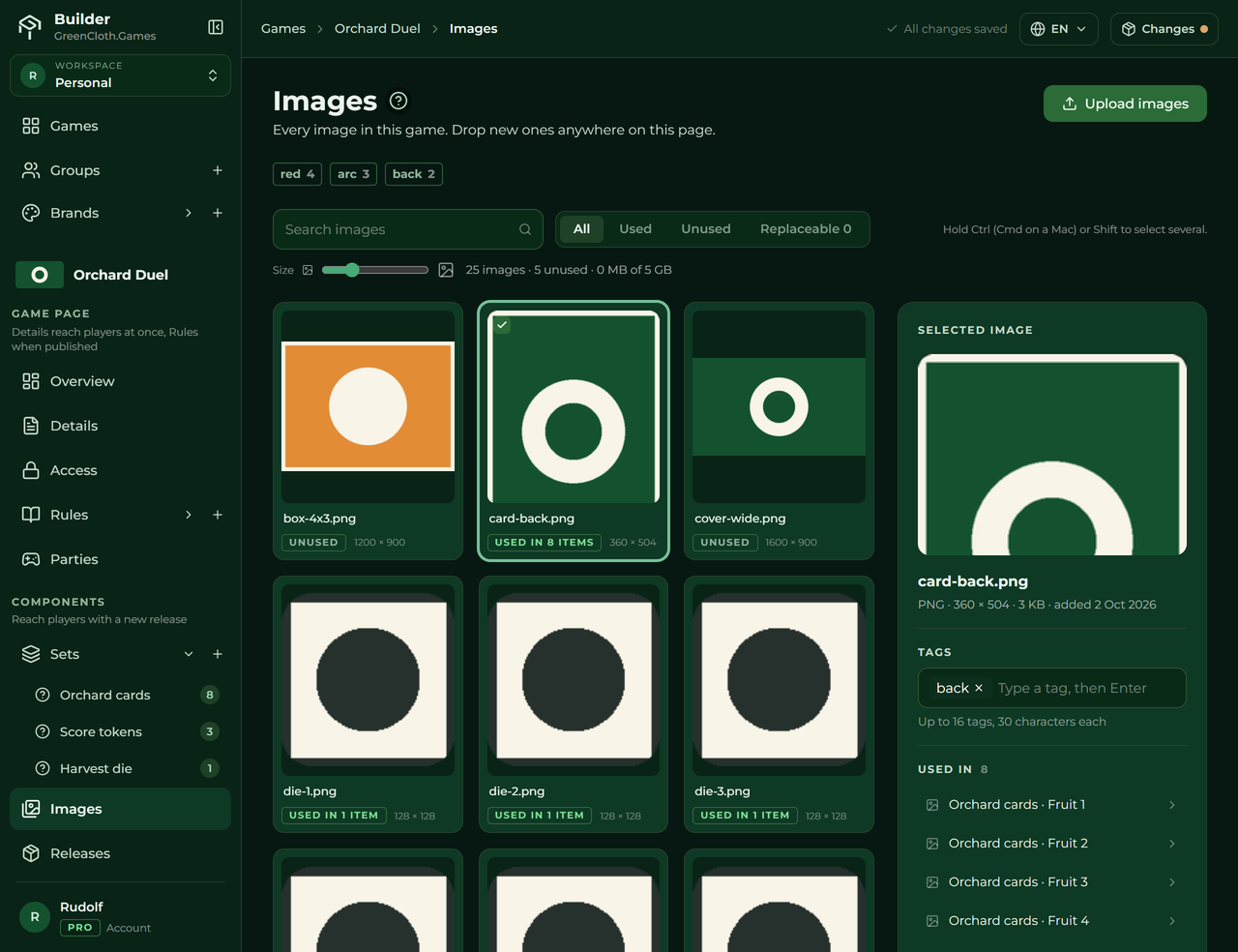 Builder: Bilder, ein Kartenset und der Editor für die Spielanleitung, danach die Liste der Versionen